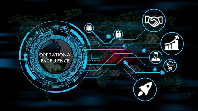 Digital operational excellence design and futuristic user experience concept infographic, Glowing circular dashboard with business, technology, icons and integrated network. world map background