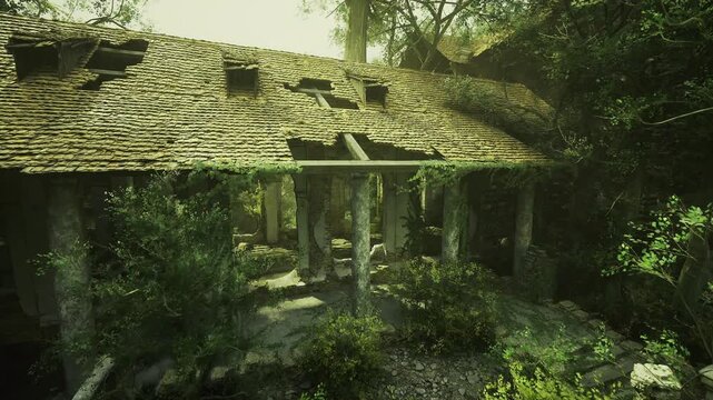 Overgrown stone courtyard under dusky sky, Ireland creeping ivy along weathered balustrade, scattered leaves on aged paving, cool shadow pools, cinematic mood
