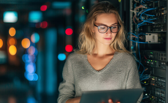 Especialista en TI trabajando en una computadora port&aacute;til en un entorno de servidor con poca luz. Una mujer trabaja concentrada en una computadora port&aacute;til dentro de una sala de servidores