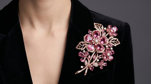 Sophisticated floral gemstone brooch attached to black outfit, showcasing luxury jewelry craftsmanship and timeless elegant fashion styling.