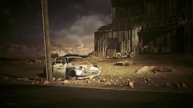 Abandoned coupe in desolate landscape, derelict wooden structure looming behind, muted tones and heavy shadows create eerie calm and strong post apocalyptic