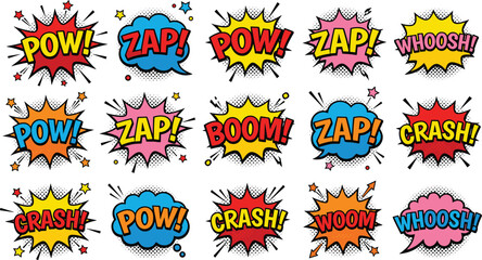 Comic book style sound effect bubbles set with pow zap boom crash and whoosh words for graphics © Mofajjol