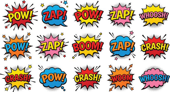 Comic book style sound effect bubbles set with pow zap boom crash and whoosh words for graphics