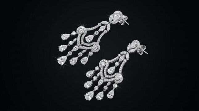 Luxury crystal drop earrings isolated on dark background with dramatic lighting, highlighting elegance, sparkle and premium jewelry craftsmanship.