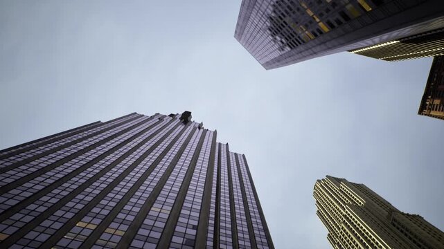 City buildings with repetitive window patterns. Repetitive window arrangements outlining towering structures amid gritty cityscape with subdued sky