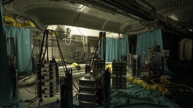 Wide view space station habitat module with bunks, stacked crates, tethered equipment, blue privacy curtains, maintenance rigs, soft emergency lighting,