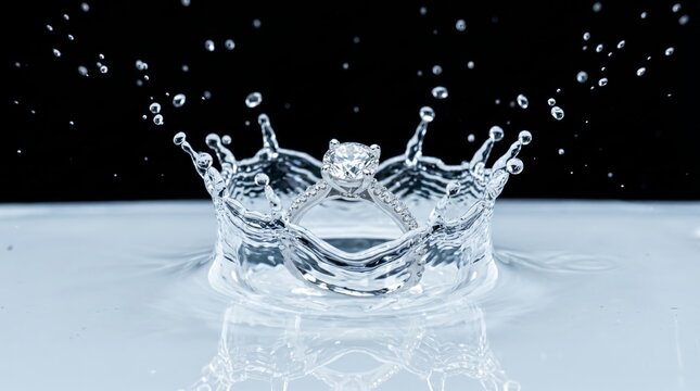 High speed photography of a dramatic water splash crown frozen in motion on dark background, perfect for purity, freshness and liquid concept designs.