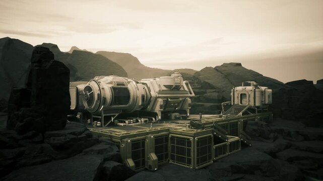Isolated space station modules on rocky plain, stacked cargo crates and supply containers surround compact habitat units, solar arrays folded against pale sky,
