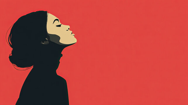 Minimalist female silhouette portrait looking up flat vector pop art style on vibrant red background