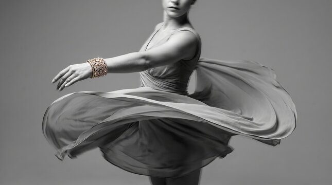 Elegant monochrome image of a graceful female dancer spinning in flowing fabric, creating a dramatic artistic motion and fine art fashion composition.