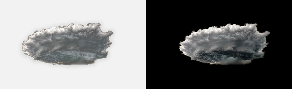 Dark storm cloud isolated on transparent background, dramatic grey thundercloud smoke puff effect, heavy turbulent weather formation texture, moody dark cloud overlay, storm cutout, smoke PNG