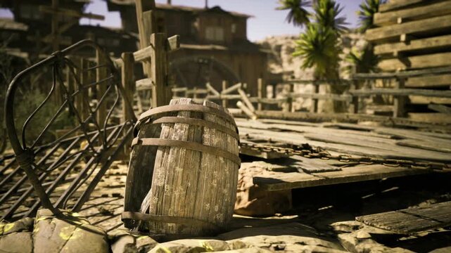 Ancient cask outdoors. Vintage container resting on sundried wooden planks. Aged barrel placed on dehydrated timber with scattered nails and iron hoops