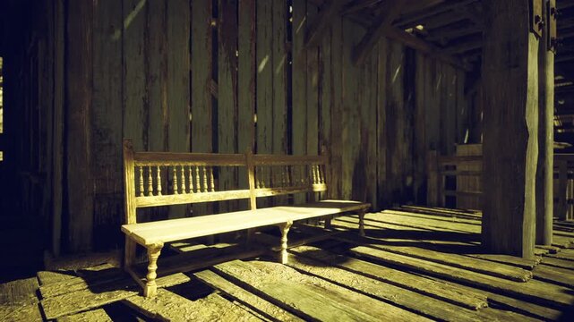 Sunlit bench on timber loft floor, warm rays and dust motes, upright seating with simple joinery, shadow patterns creating quiet studio corner for brief rest