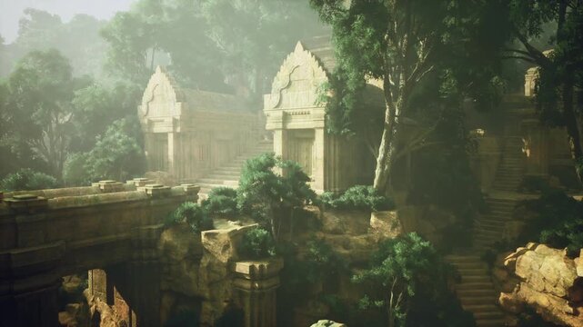 Misty jungle temple ruins at sunrise, soft sunlight filtering through canopy over mosscovered stone gateways, dense foliage and atmospheric haze creating
