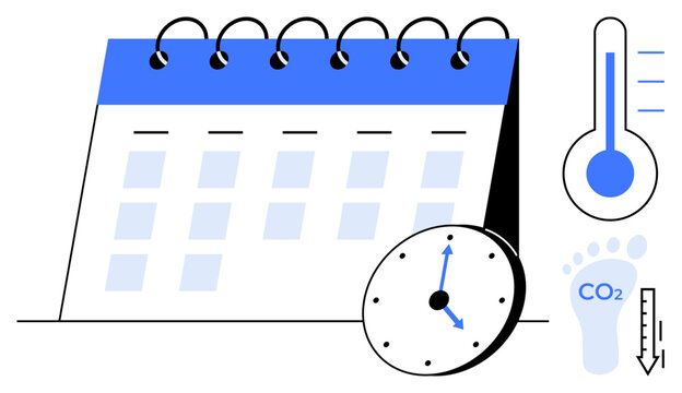 Climate change, carbon footprint tracking, environmental planning, time management, CO2 reduction, sustainability. Calendar, clock thermometer and CO2 footprint graphic. Climate change and carbon