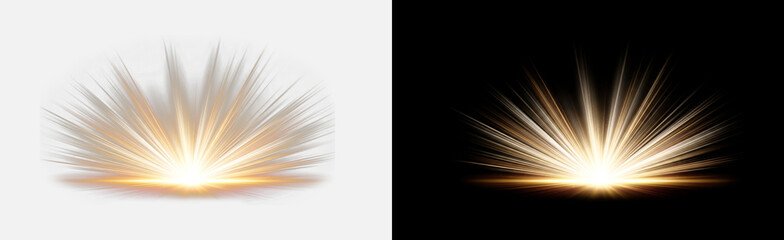 Gold ground burst isolated on transparent background, glowing golden rising sun ray explosion effect, radiant wide fan light spread shine, shimmering sunrise glow overlay, burst cutout, sun rays PNG © Pixora