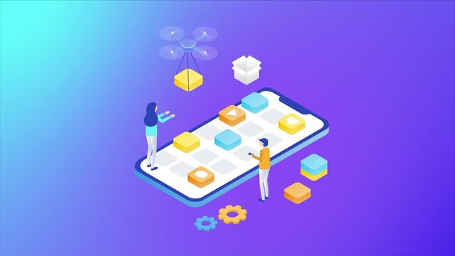 App development concept. Business people working on the design of the app technology. IT future 3d gradient isometry.