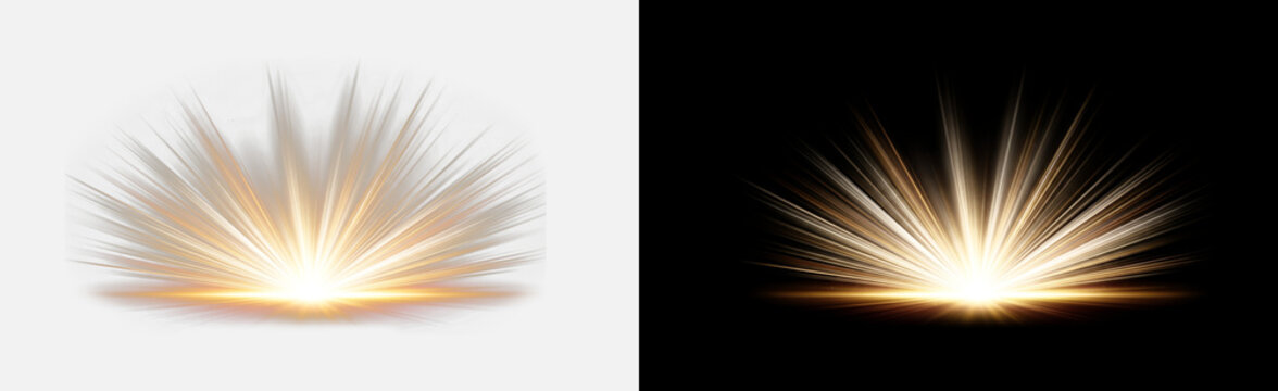 Gold ground burst isolated on transparent background, glowing golden rising sun ray explosion effect, radiant wide fan light spread shine, shimmering sunrise glow overlay, burst cutout, sun rays PNG