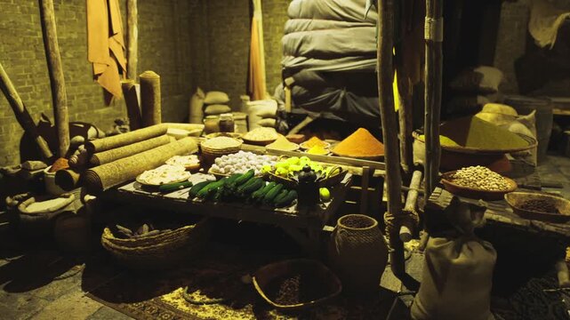 Colorful market assortment with vibrant mounds of spice and fresh green cucumbers, textured burlap and woven baskets scatter around wooden platform, ambient