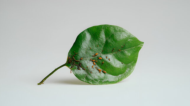 Green leaf infected with powdery mildew and fungal rust spots on white background