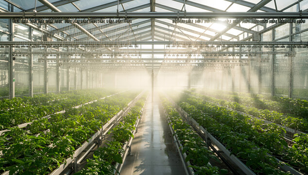 Modern greenhouse interior with automated irrigation system misting green vegetable crops