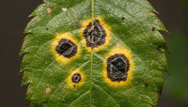 Rose leaf infected with black spot fungus showing yellow halos and necrosis