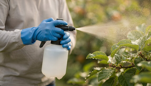 Gardener in gloves spraying fruit tree with pesticide or fertilizer in garden