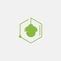 Abstract green acorn logo design with hexagonal frame and geometric lines. © @Three