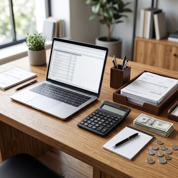 Modern office desk with laptop, calculator, and cash for financial accounting and business planning