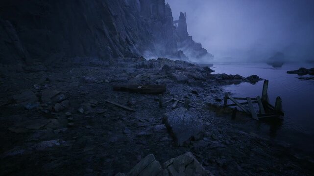 Moonlit rocky shore with broken hull, cinematic moody atmosphere, scattered driftwood and wet pebbles reflecting faint moonlight, shallow tidal pools