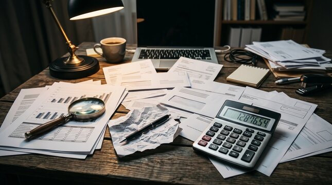 Late night financial planning and accounting with calculator, magnifying glass, and messy paperwork on a wooden desk