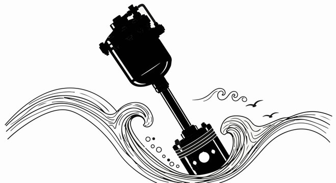 Engine piston struggles in stormy seas, symbolizing mechanical failure or breakdown.