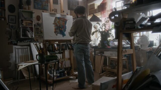 Rear view full length shot of male painter standing in front of easel, applying brushstrokes to canvas while working on abstract artwork in cozy workshop filled with art supplies, sketches and plants
