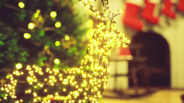 Nostalgic holiday closeup of golden reindeer, soft vintage tone, blurred tree and fireplace backdrop, delicate twinkling lights evoking memory and warmth,