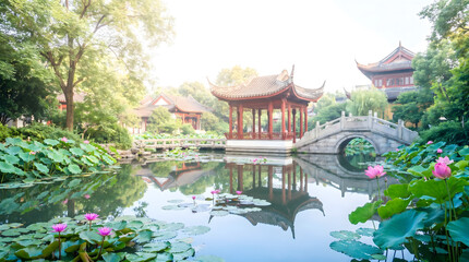 Fototapeta premium Chinese garden landscape, Lotus pond with pavilion and arched bridge, Traditional architecture reflection, Peaceful travel nature background