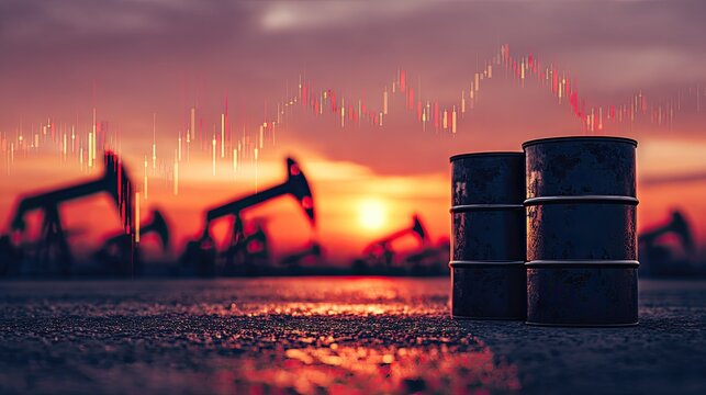 Oil barrels and pumpjacks at sunset with a falling market chart