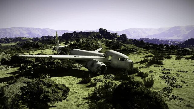 Abandoned transport plane resting on scrubby hillside near ancient fortress silhouette, cinematic light creates dramatic contrast and editorial mood for travel