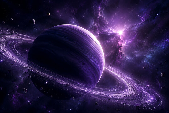 Happy shani jayanti cosmic celebration for lord shani showing purple saturn planet with glowing rings in dark galaxy space for astrology and spiritual horoscope theme