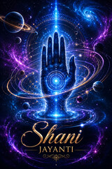 Fototapeta premium Happy shani jayanti cosmic vision of lord shani with glowing blue hand and saturn planet in galaxy space for astrology horoscope and hindu religious banner