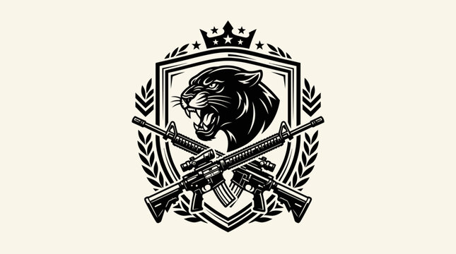 Aggressive Black Panther Head with Crossed Assault Rifles and Stars on a Shield Emblem, in a bright studio.