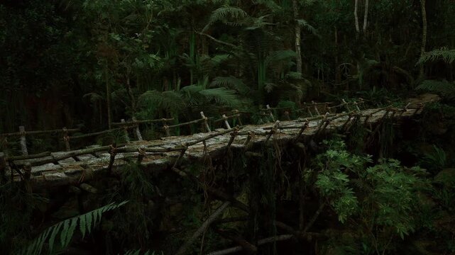 Research route concept with weathered log bridge spanning temperate forest plot, marked planks and subtle equipment traces suggesting biodiversity survey