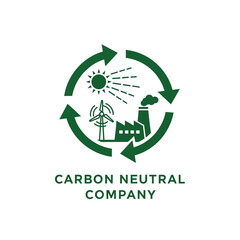 Fototapeta premium Green sustainability logo featuring sun wind turbine and industrial plant for carbon neutrality.
