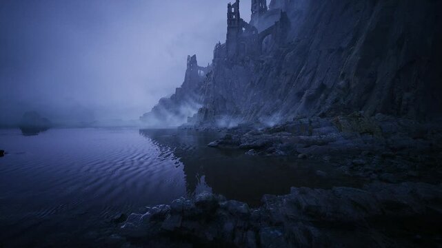 pilgrim viewpoint toward mistbound ruins and rocky shore, low light haze enveloping crumbling battlements, tranquil tide reflections and contemplative