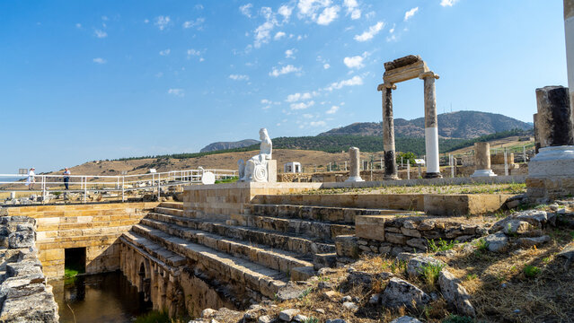 Ancient city Hierapolis or Holy City near of Pamukkale or Cotton Castle. Phrygian cult center of Anatolian mother goddess of Cybele