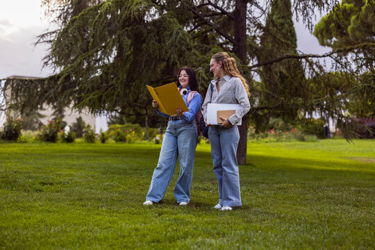 Two female students studying together in a sunny campus park