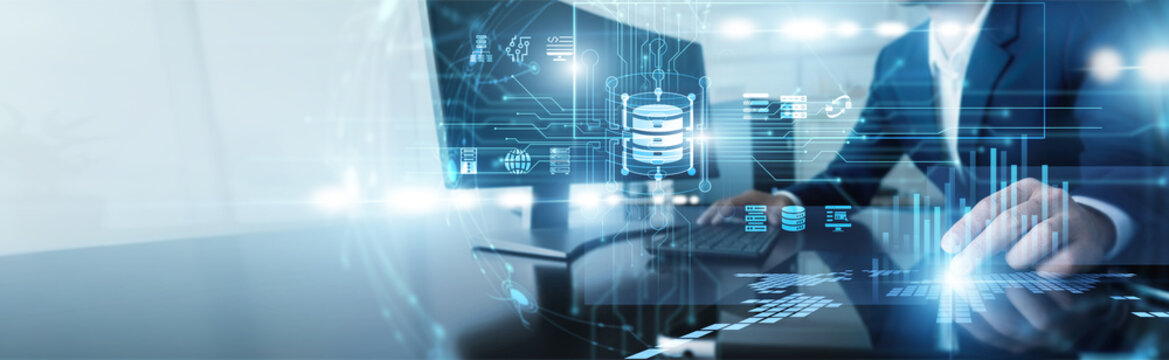 Data architect working on computer analyzing big data. Specialist processing massive datasets and complex information to uncover hidden patterns and drive informed corporate decisions now.