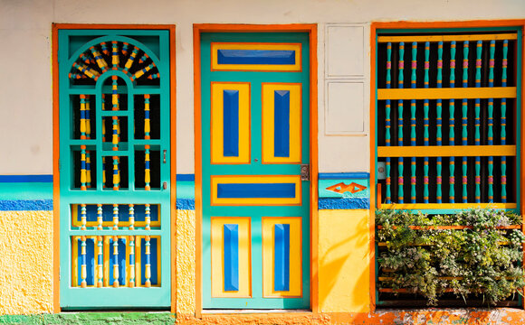 Colorful colonial doors and windows in Guatape, Colombia