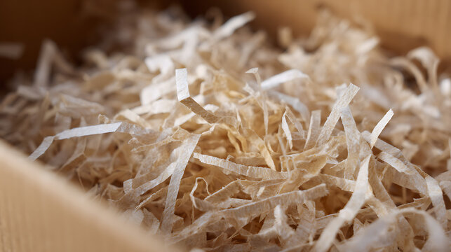 Close-up of natural light beige crinkle cut paper shred filler in a brown cardboard box, ideal for secure product packaging or gift presentation