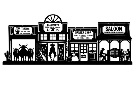 Rustic Wild West Street Black and White Vector