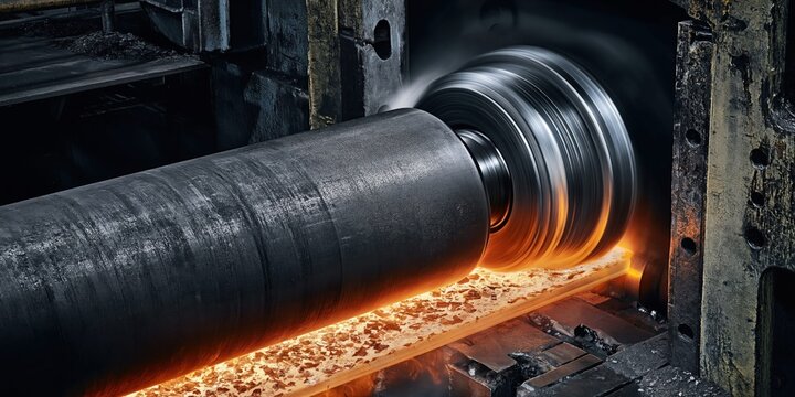 Heavy industrial roller pressing hot metal sheet in a manufacturing plant
